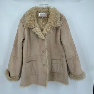 Womens Penny Lane Boho Faux Suede Shearling Coat Size XL Retro Jacket Beige